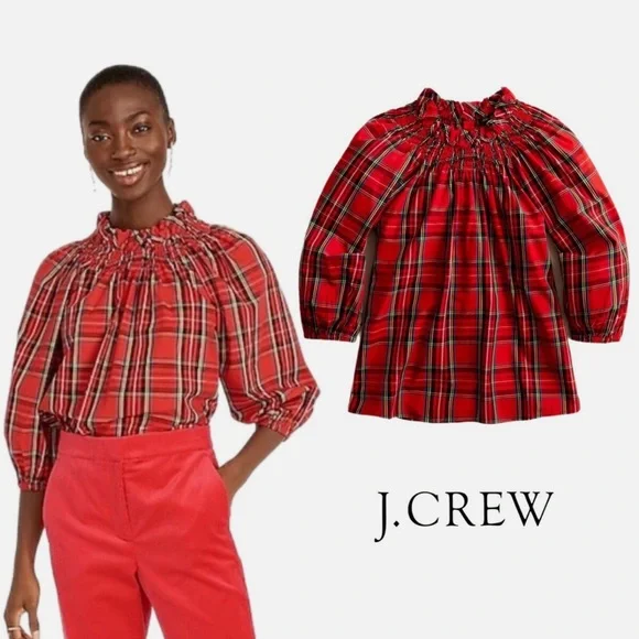 J Crew Smocked-neck Top in Good Tidings Holiday Red Plaid Blouse Balloon Sleeve - Picture 1 of 7